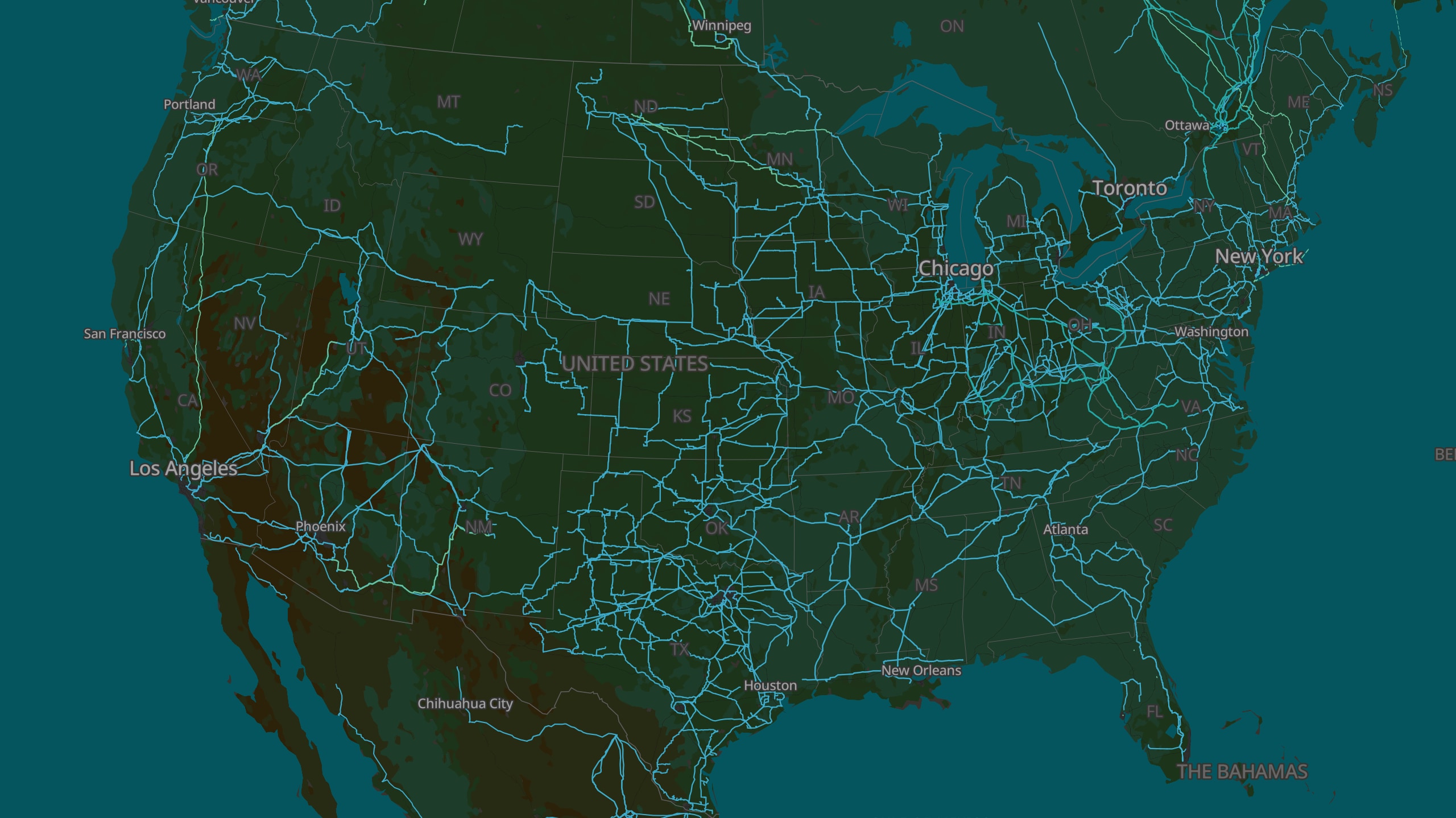 North America power grid map showing high voltage transmission lines across the United States, Canada and Mexico